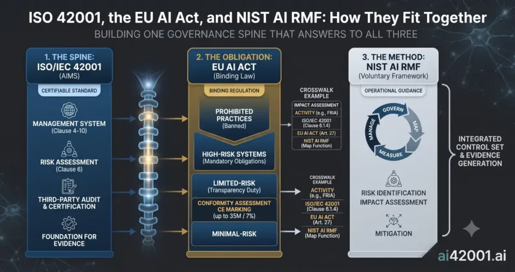 Comparison diagram of ISO 42001, the EU AI Act, and NIST AI RMF — ISO/IEC 42001 as the certifiable AI management-system spine, the EU AI Act as binding law with four risk tiers (prohibited, high-risk, limited, minimal), and NIST AI RMF's Govern-Map-Measure-Manage cycle as the voluntary method, all converging on one integrated control set and evidence base.