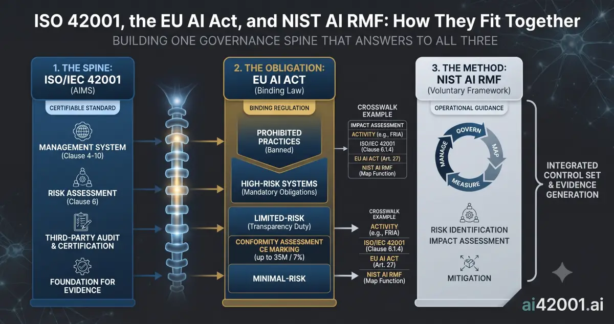 Comparison diagram of ISO 42001, the EU AI Act, and NIST AI RMF — ISO/IEC 42001 as the certifiable AI management-system spine, the EU AI Act as binding law with four risk tiers (prohibited, high-risk, limited, minimal), and NIST AI RMF's Govern-Map-Measure-Manage cycle as the voluntary method, all converging on one integrated control set and evidence base.