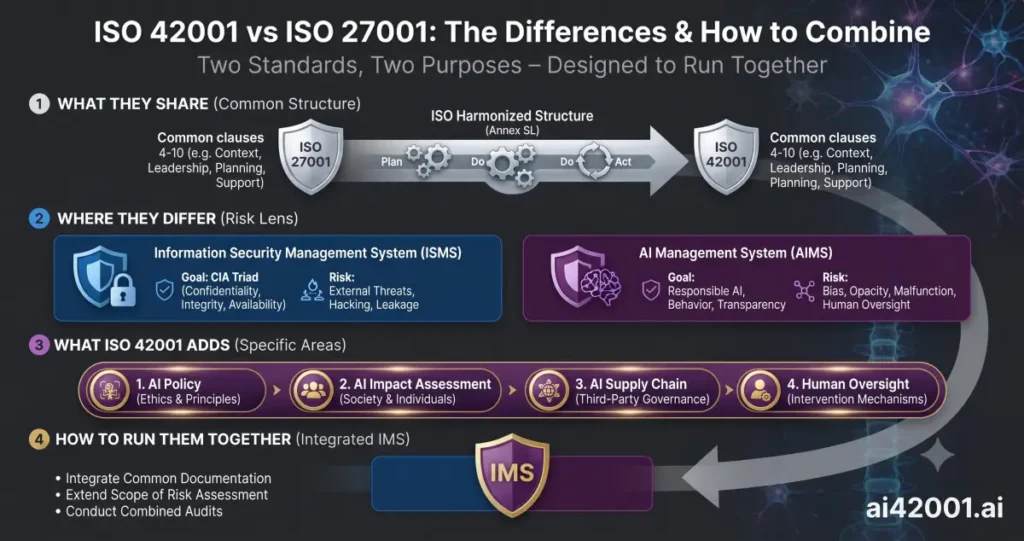 Comparison of ISO 42001 and ISO 27001 in four parts: what they share — common Clauses 4-10 under the ISO harmonized structure (Annex SL), shown as a Plan-Do-Check-Act flow between the two standards; where they differ — ISO 27001 as an ISMS aimed at the CIA triad against external threats, ISO 42001 as an AIMS aimed at responsible AI against bias, opacity, malfunction, and human-oversight risks; what ISO 42001 adds — AI policy, AI impact assessment, AI supply chain, and human oversight; and how to run them together as one integrated management system through shared documentation, extended risk assessment, and combined audits.
