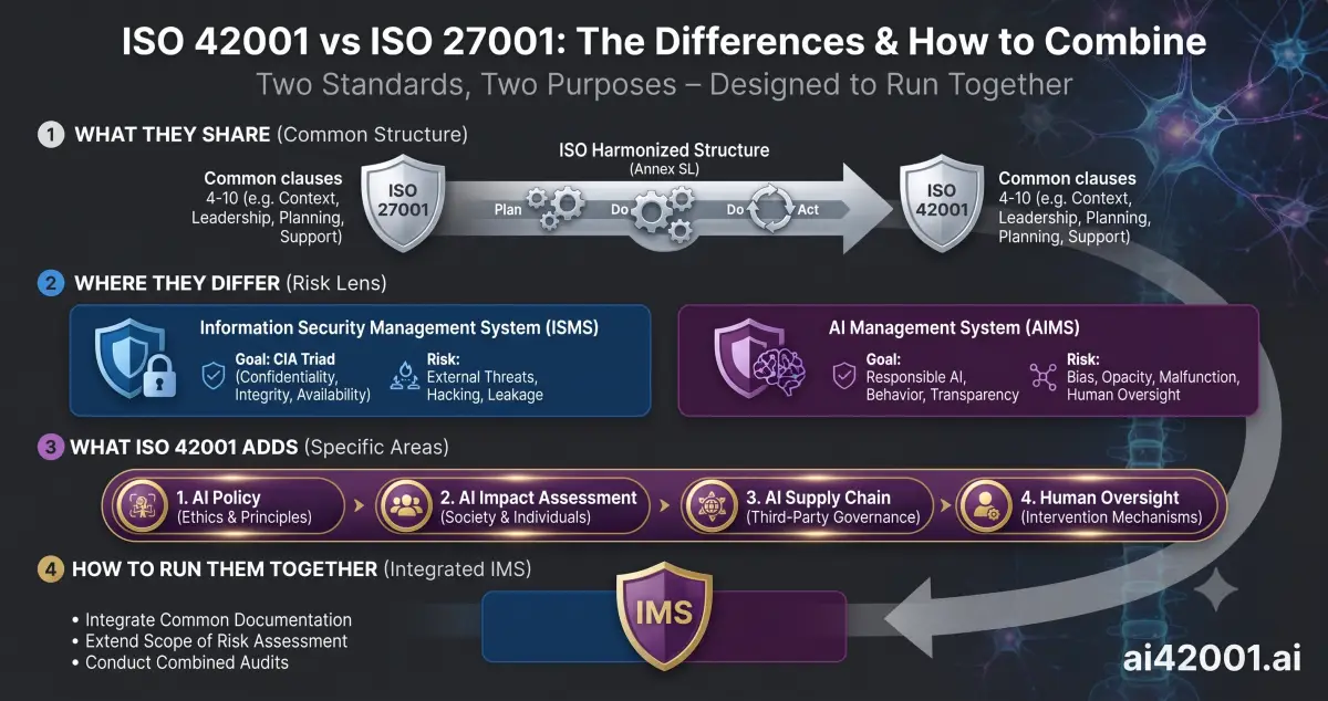 Comparison of ISO 42001 and ISO 27001 in four parts: what they share — common Clauses 4-10 under the ISO harmonized structure (Annex SL), shown as a Plan-Do-Check-Act flow between the two standards; where they differ — ISO 27001 as an ISMS aimed at the CIA triad against external threats, ISO 42001 as an AIMS aimed at responsible AI against bias, opacity, malfunction, and human-oversight risks; what ISO 42001 adds — AI policy, AI impact assessment, AI supply chain, and human oversight; and how to run them together as one integrated management system through shared documentation, extended risk assessment, and combined audits.