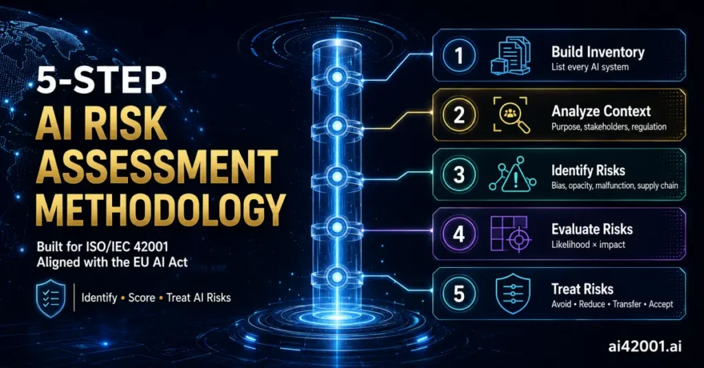 Five-step AI risk assessment methodology for ISO/IEC 42001 — build the AI system inventory, analyze context, identify risks, score likelihood and impact, treat risks — covering AI-intrinsic risk categories such as bias, opacity, malfunction, and supply chain