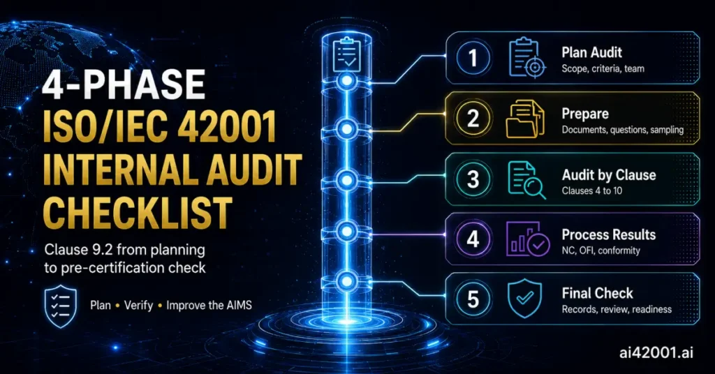 Four-phase ISO/IEC 42001 internal audit checklist under Clause 9.2 — plan the audit with scope, criteria, and team; prepare documents, questions, and sampling; audit clause by clause across Clauses 4 to 10; process results into nonconformities, OFIs, and conformity; then run the final pre-certification check