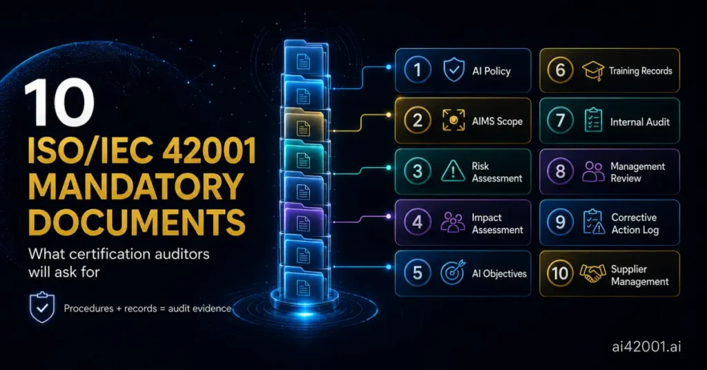 The 10 mandatory documents an ISO/IEC 42001 certification audit checks — AI policy, scope, risk assessment and SoA, impact assessment, objectives, competence records, internal audit, management review, corrective-action log, AI supplier records