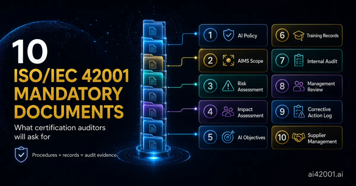 The 10 mandatory documents an ISO/IEC 42001 certification audit checks — AI policy, scope, risk assessment and SoA, impact assessment, objectives, competence records, internal audit, management review, corrective-action log, AI supplier records