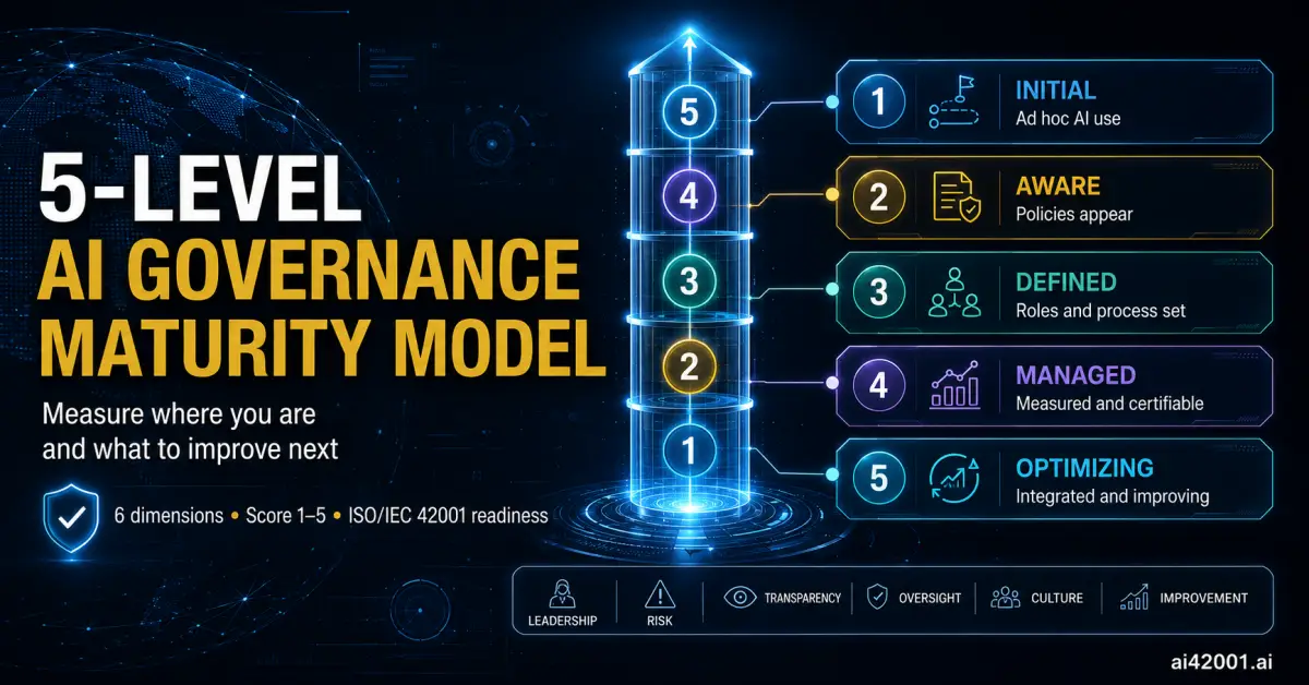 Five-level AI governance maturity model — Initial, Aware, Defined, Managed, Optimizing — with a six-dimension self-assessment covering leadership and governance structure, risk management, transparency and explainability, human oversight, competence and culture, and monitoring and improvement, scored 1 to 5 against ISO/IEC 42001 readiness