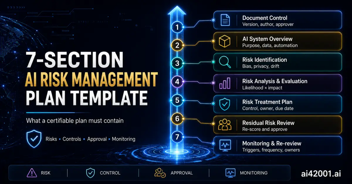 Seven-section structure for an ISO/IEC 42001 AI risk management plan — document control, AI system overview, risk identification across nine AI-specific categories (bias, opacity, malfunction, data quality, security, oversight failure, supply chain, privacy, drift), likelihood-and-impact scoring, risk treatment plan, residual risk review with management approval, and monitoring with re-review triggers