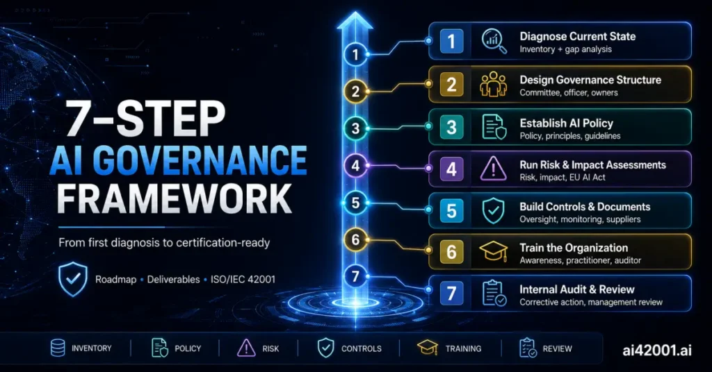 Seven-step roadmap for building an AI governance framework on ISO/IEC 42001 — diagnose the current state with a gap analysis, design the governance structure, establish the AI policy, run risk and impact assessments, build and document controls, train the organization, then verify with internal audit and management review before the certification audit