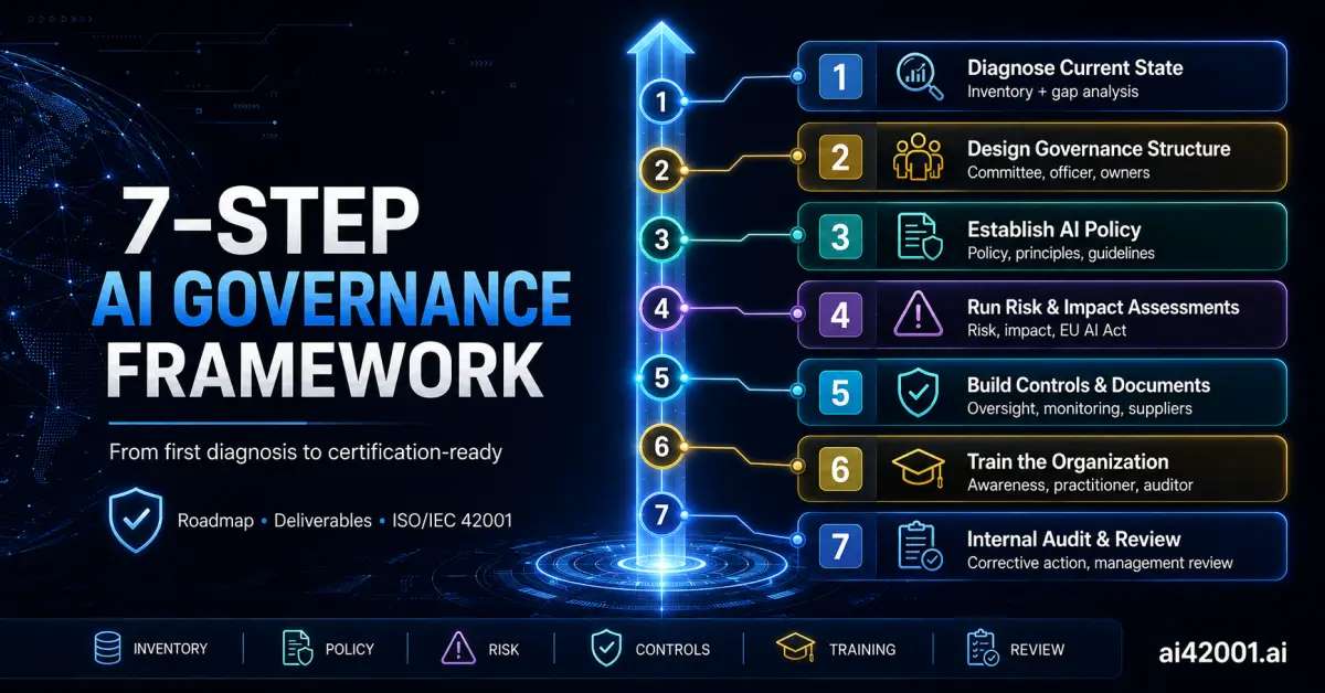 Seven-step roadmap for building an AI governance framework on ISO/IEC 42001 — diagnose the current state with a gap analysis, design the governance structure, establish the AI policy, run risk and impact assessments, build and document controls, train the organization, then verify with internal audit and management review before the certification audit