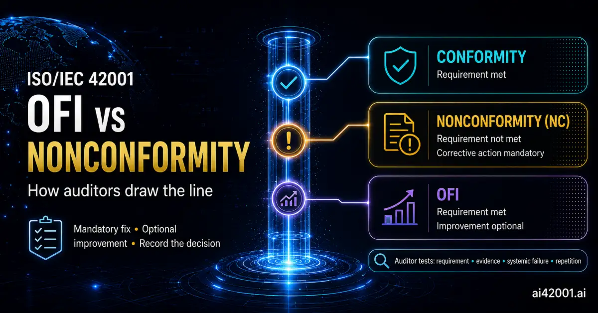 OFI vs nonconformity in ISO/IEC 42001 audits — three finding types (conformity, nonconformity, opportunity for improvement), the four judgment criteria auditors apply (explicit requirement, evidence sufficiency, systemic vs isolated failure, repetition), and the response each demands: mandatory four-step corrective action for nonconformities, review-decide-record for OFIs